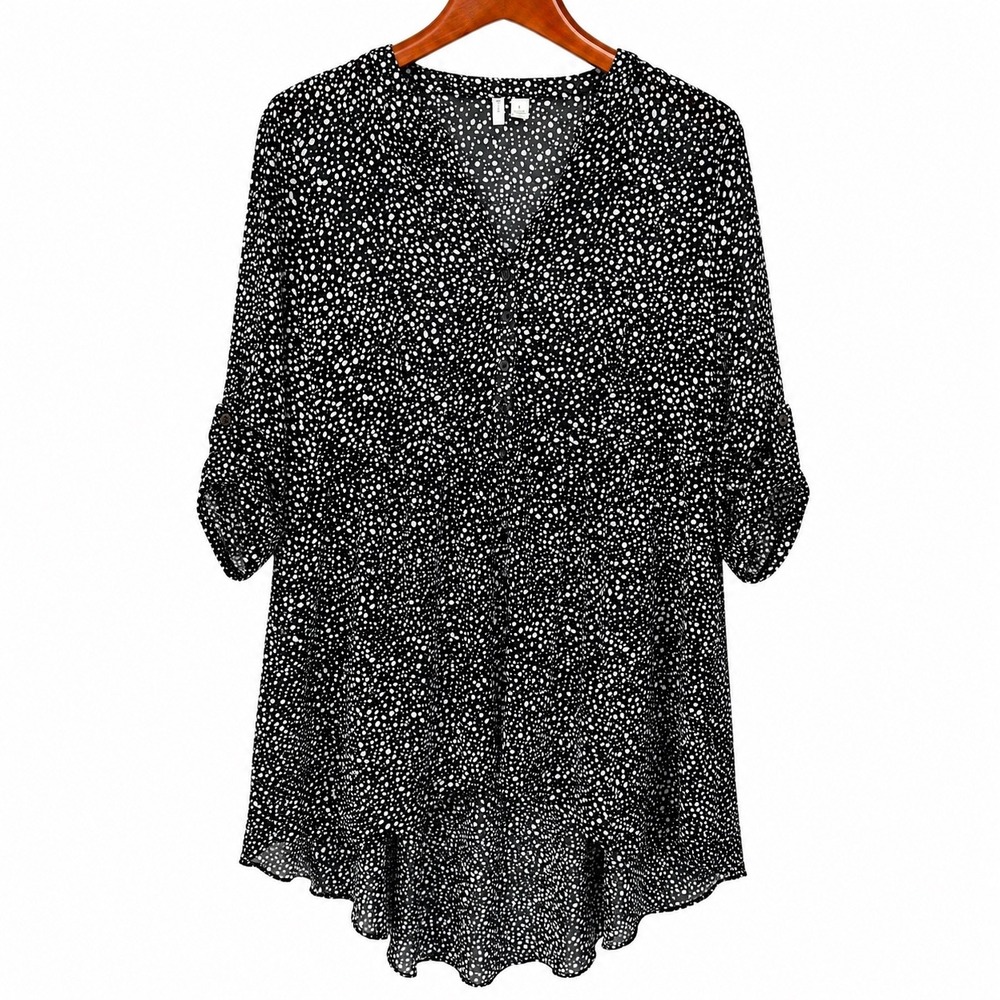 Est. 1946 Womens Black White Polka Dot High Low Roll Tab Sleeve Tunic Blouse L